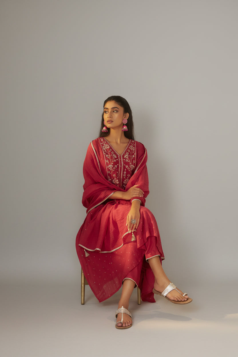 Raspberry Pink Mul Chanderi Embroidery Anarkali Kurta Set