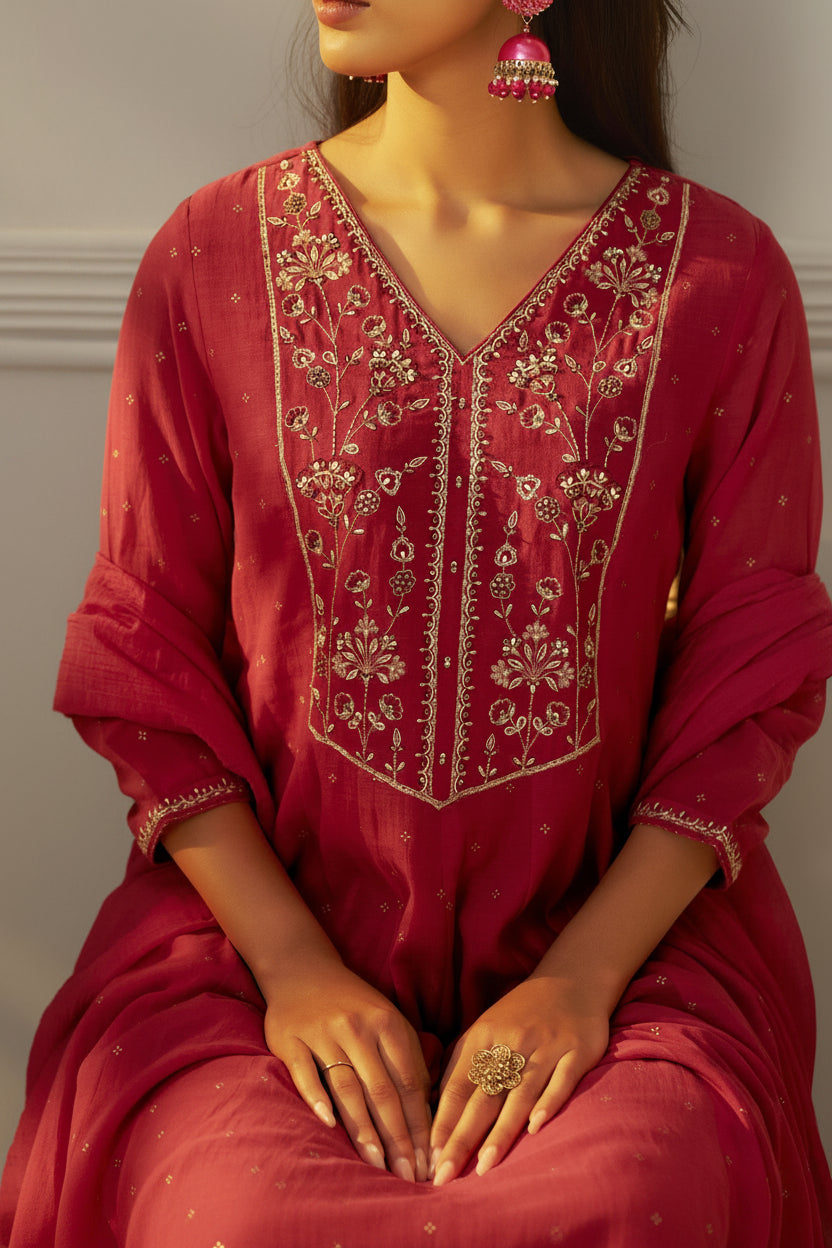 Raspberry Pink Mul Chanderi Embroidery Anarkali Kurta Set