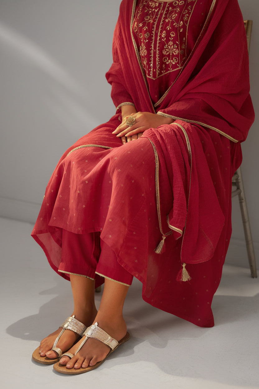 Raspberry Pink Mul Chanderi Embroidery Anarkali Kurta Set