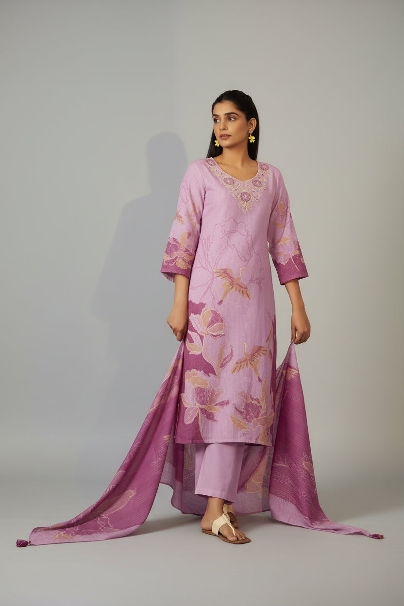 Peony Pink Cotton Linen Digital Print Kurta Set