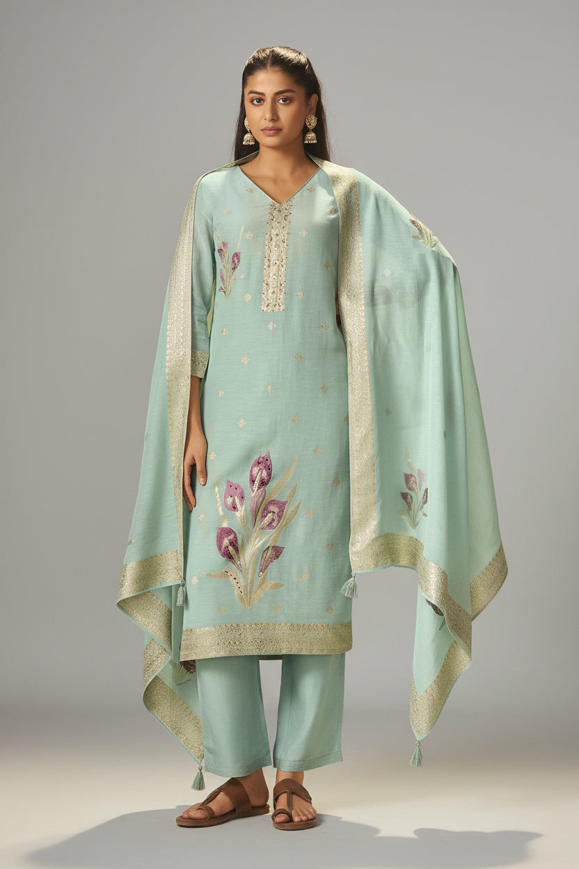 Iced Teal Blue Viscose Linen Jacquard Fancy Kurta Set
