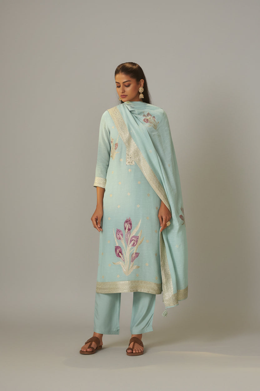 Iced Teal Blue Viscose Linen Jacquard Fancy Kurta Set