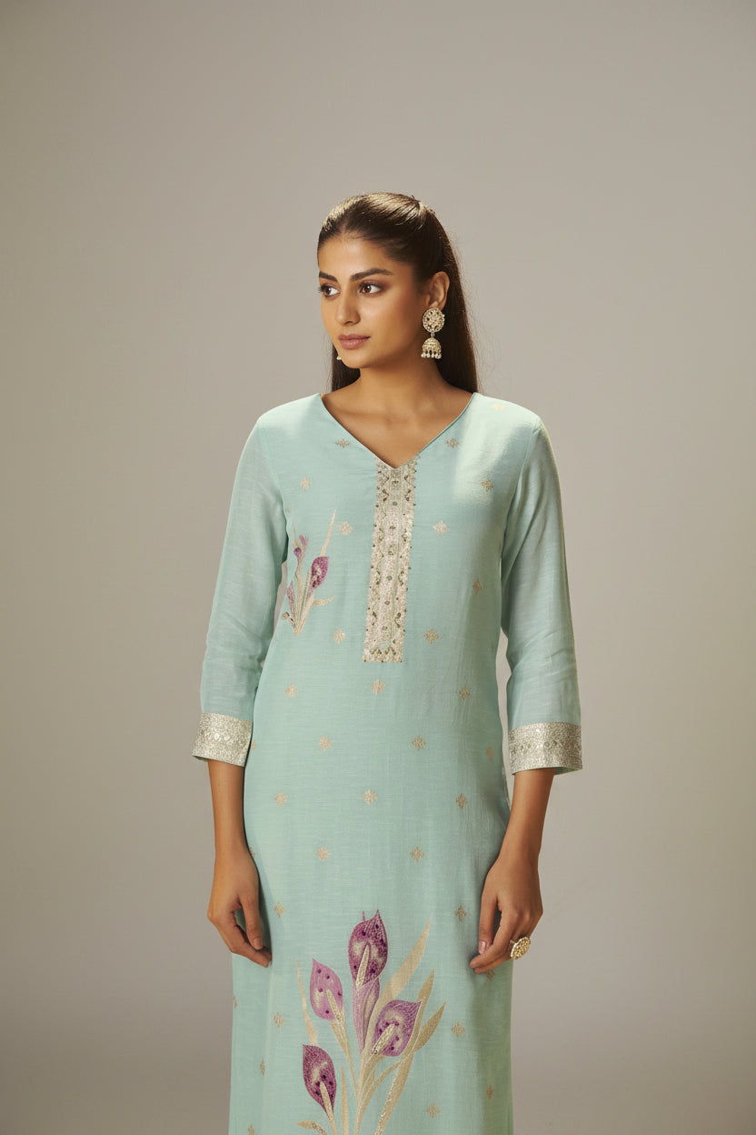 Iced Teal Blue Viscose Linen Jacquard Fancy Kurta Set
