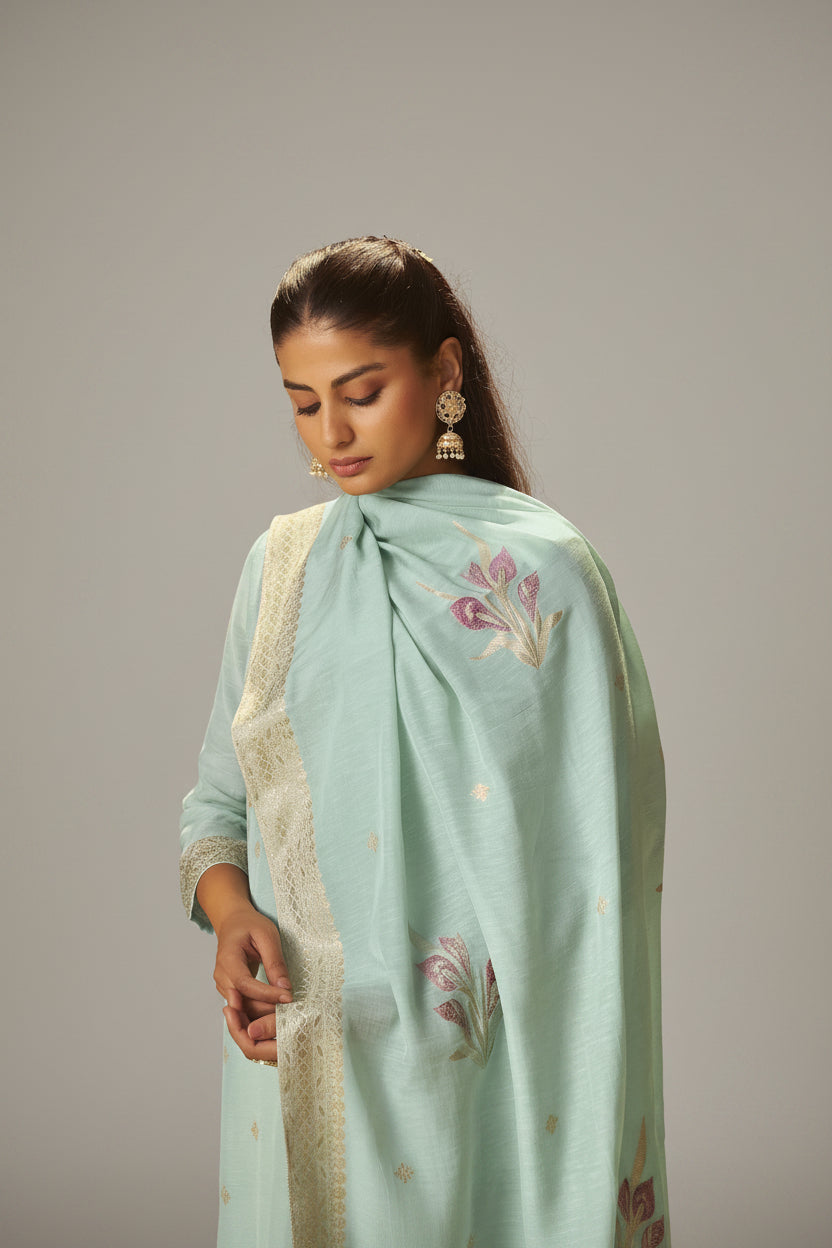 Iced Teal Blue Viscose Linen Jacquard Fancy Kurta Set