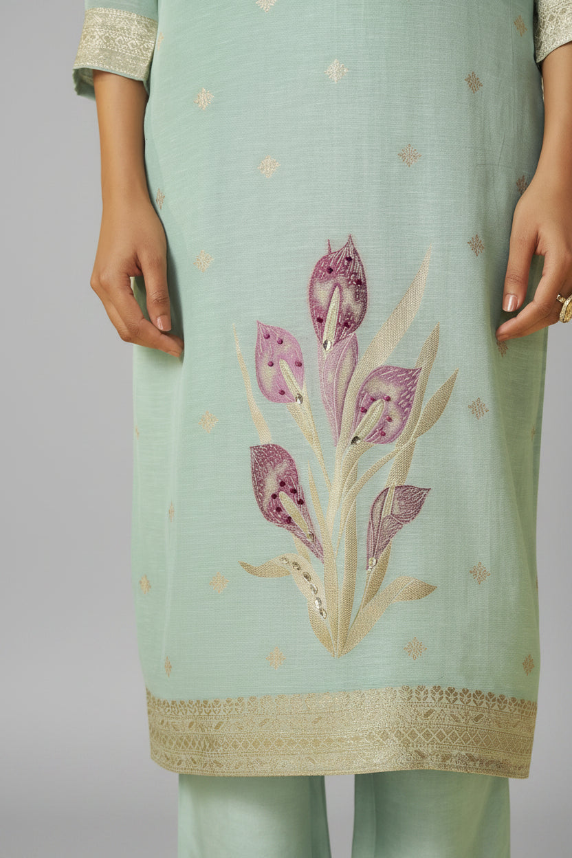 Iced Teal Blue Viscose Linen Jacquard Fancy Kurta Set
