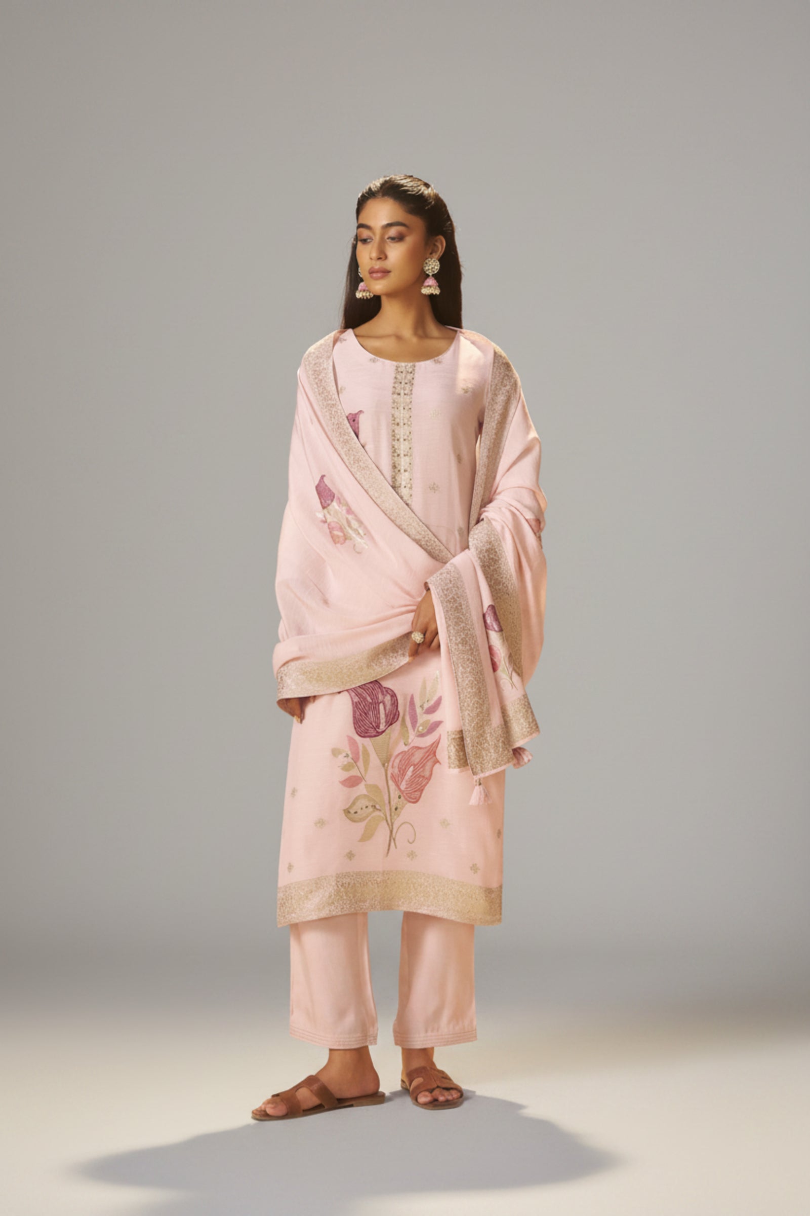 Crystal Pink Viscose Linen Jacquard Fancy Kurta Set