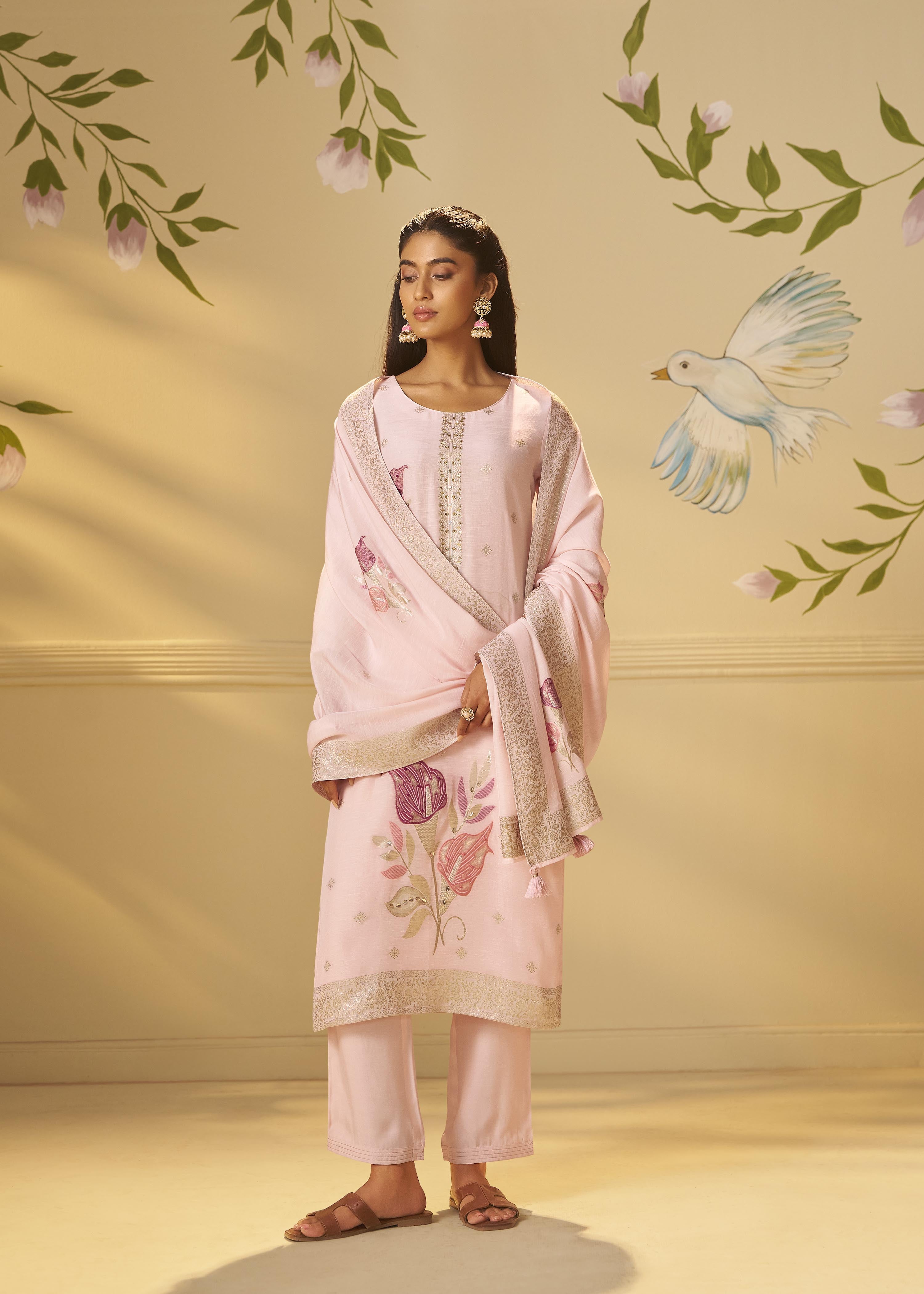 Crystal Pink Viscose Linen Jacquard Fancy Kurta Set