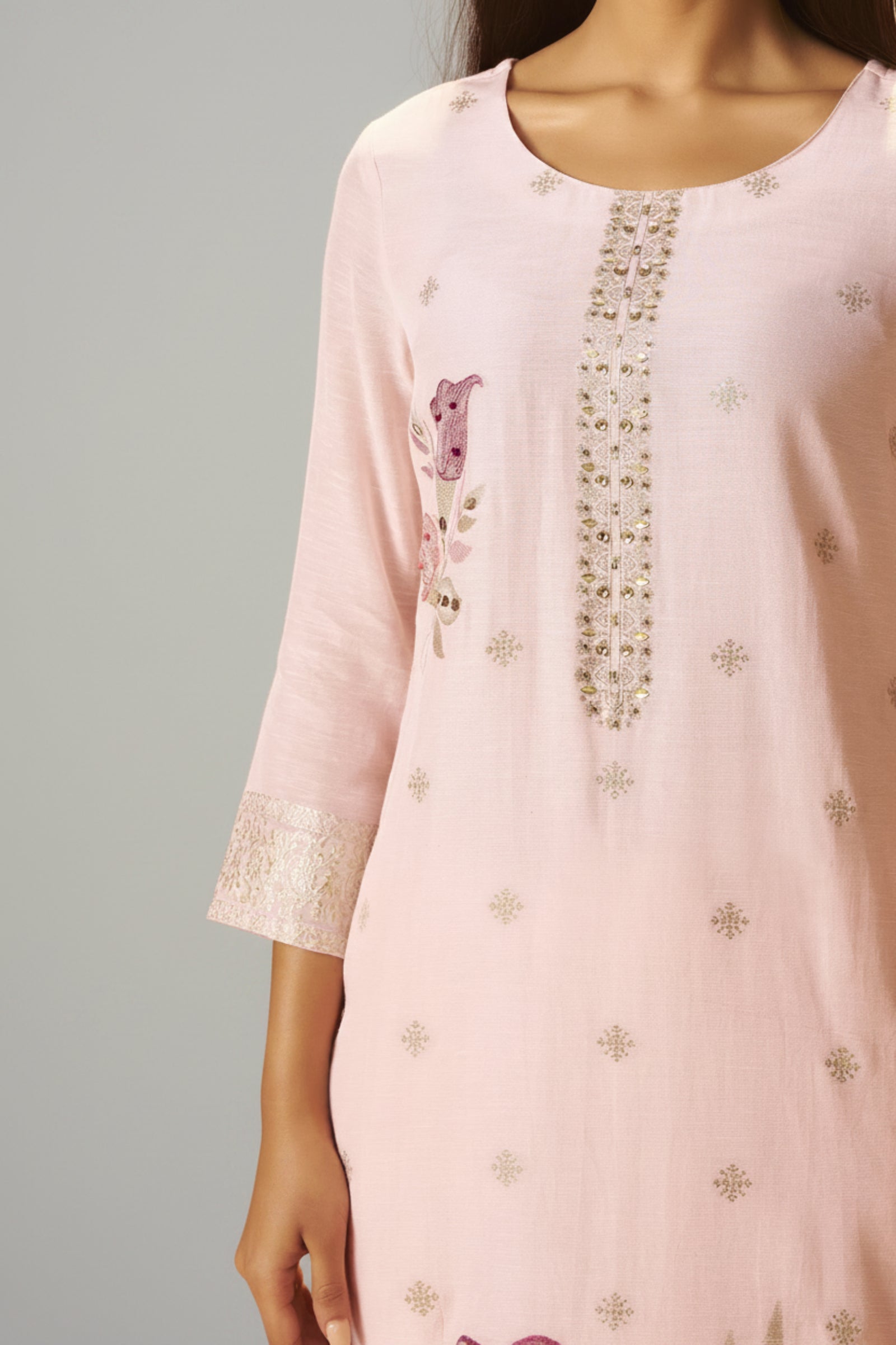 Crystal Pink Viscose Linen Jacquard Fancy Kurta Set
