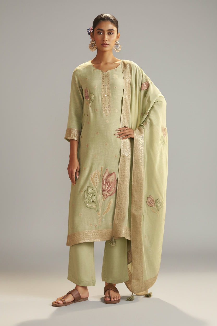 Soft Sage Green Viscose Linen Jacquard Fancy Kurta Set