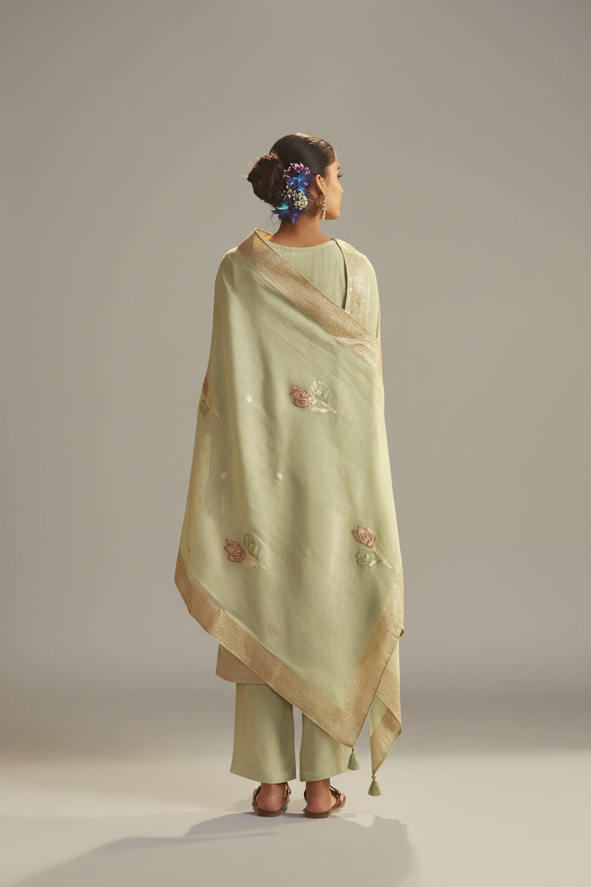 Soft Sage Green Viscose Linen Jacquard Fancy Kurta Set