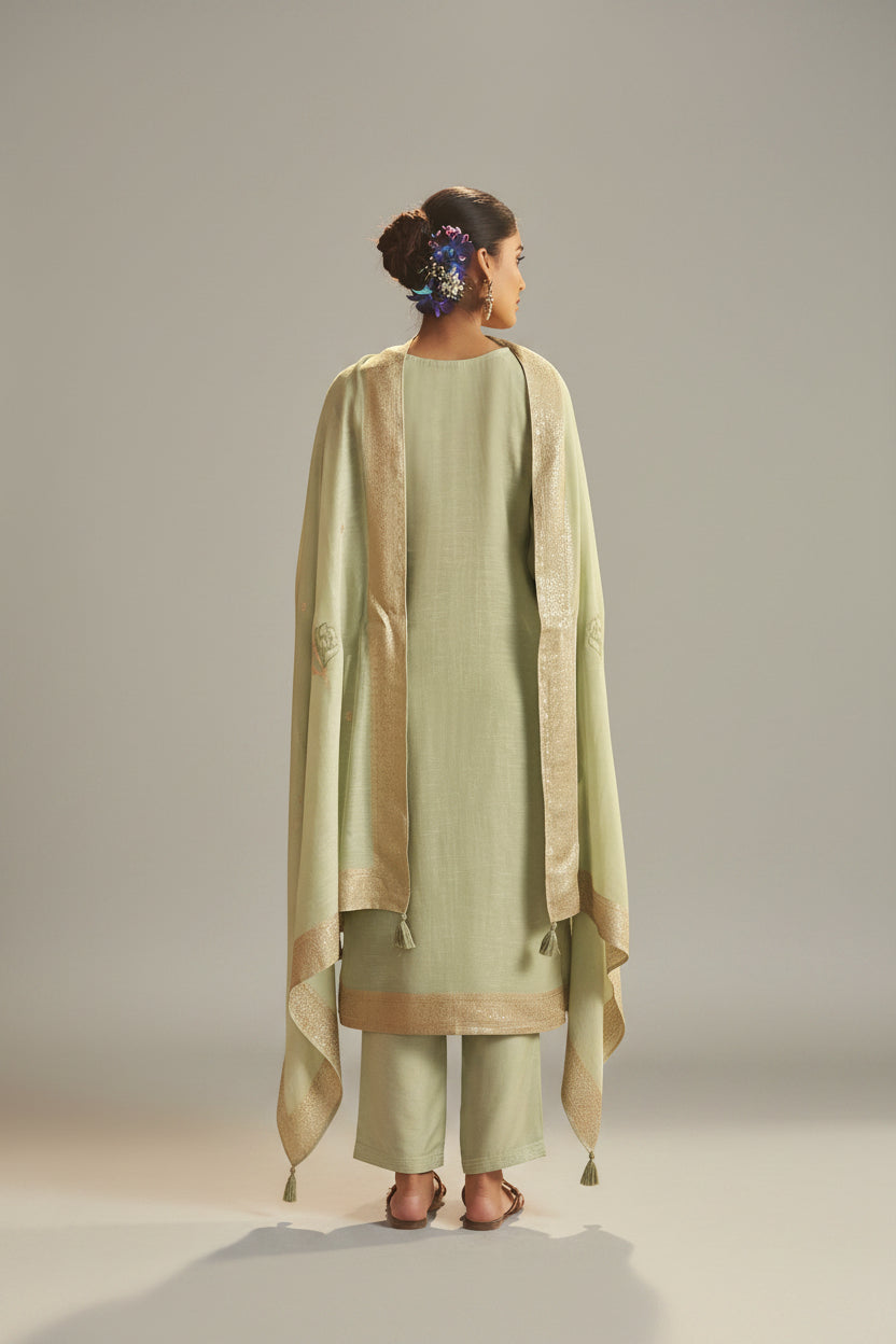 Soft Sage Green Viscose Linen Jacquard Fancy Kurta Set