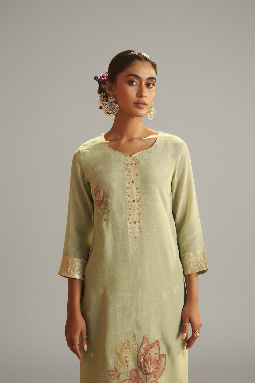 Soft Sage Green Viscose Linen Jacquard Fancy Kurta Set
