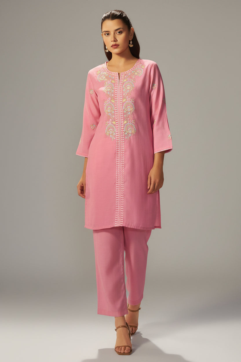 Sachet Pink Mul Chanderi Embroidery Co-ord Set