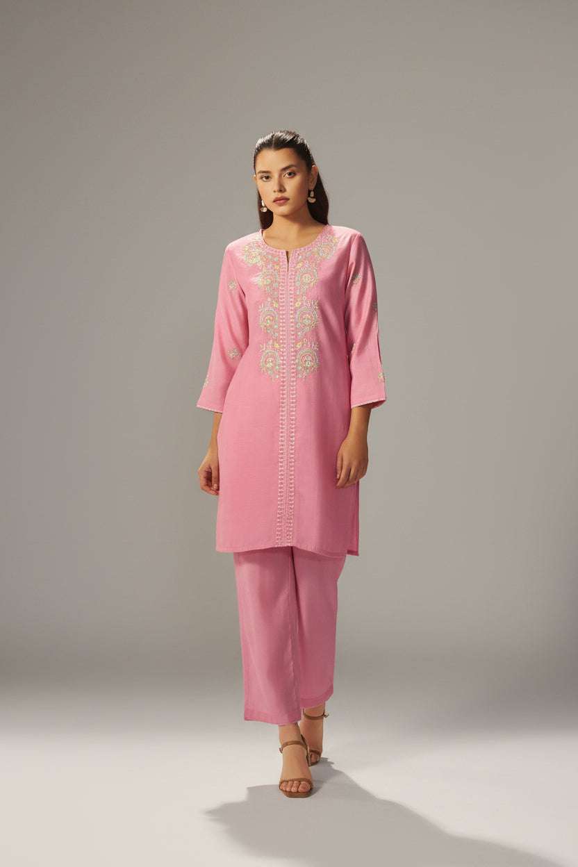 Sachet Pink Mul Chanderi Embroidery Co-ord Set