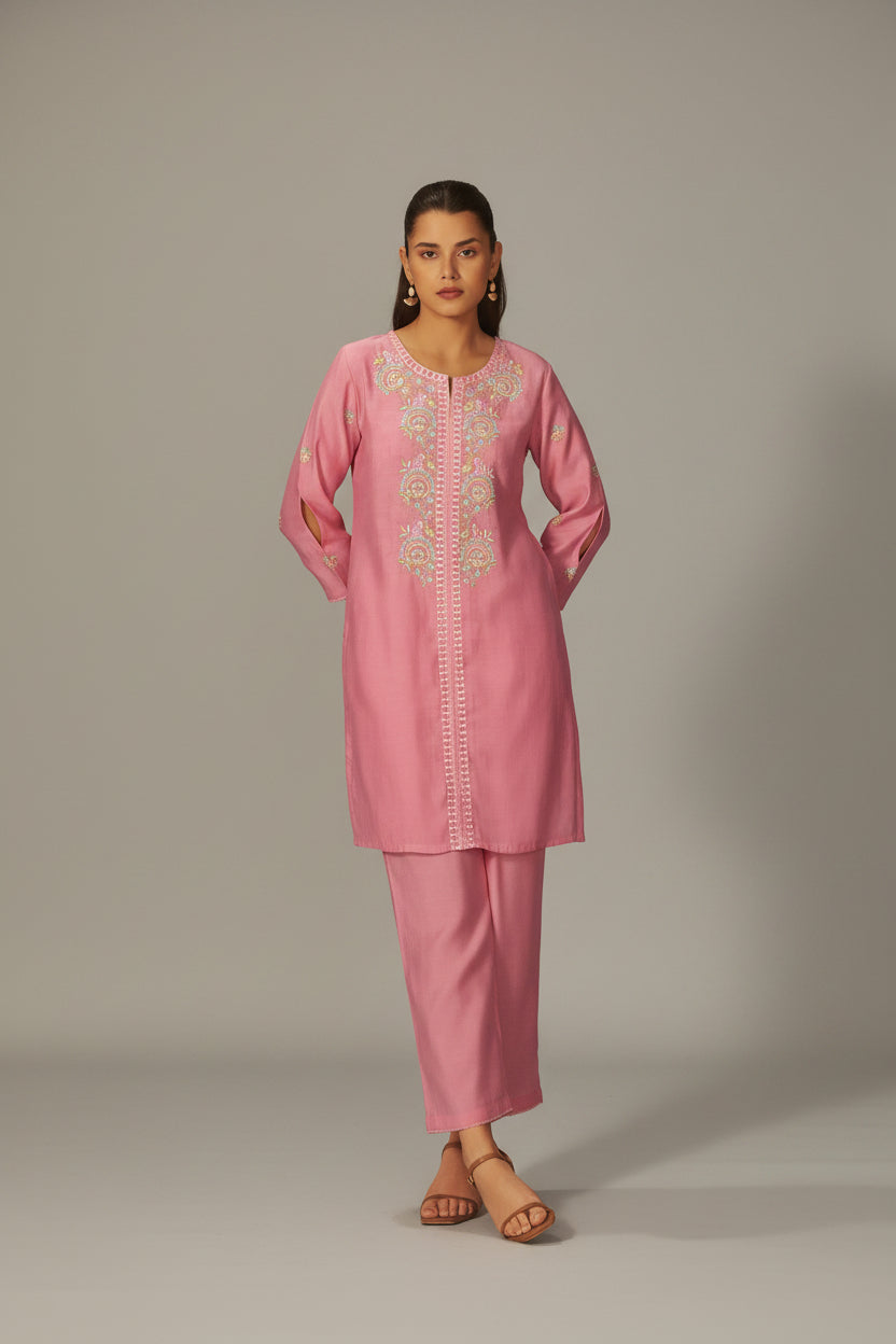 Sachet Pink Mul Chanderi Embroidery Co-ord Set