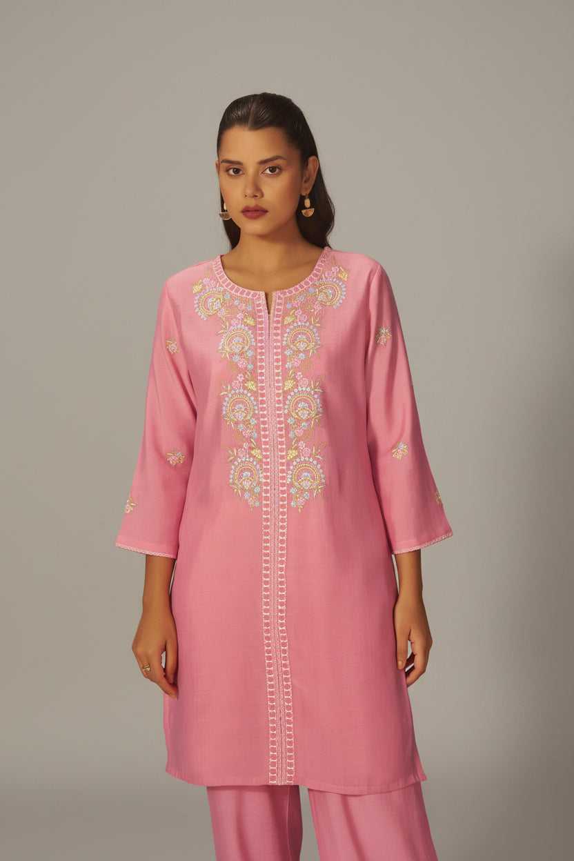 Sachet Pink Mul Chanderi Embroidery Co-ord Set