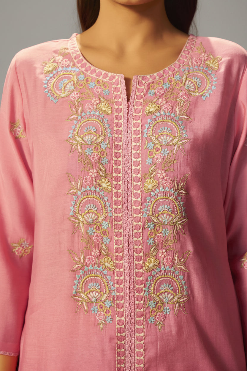 Sachet Pink Mul Chanderi Embroidery Co-ord Set