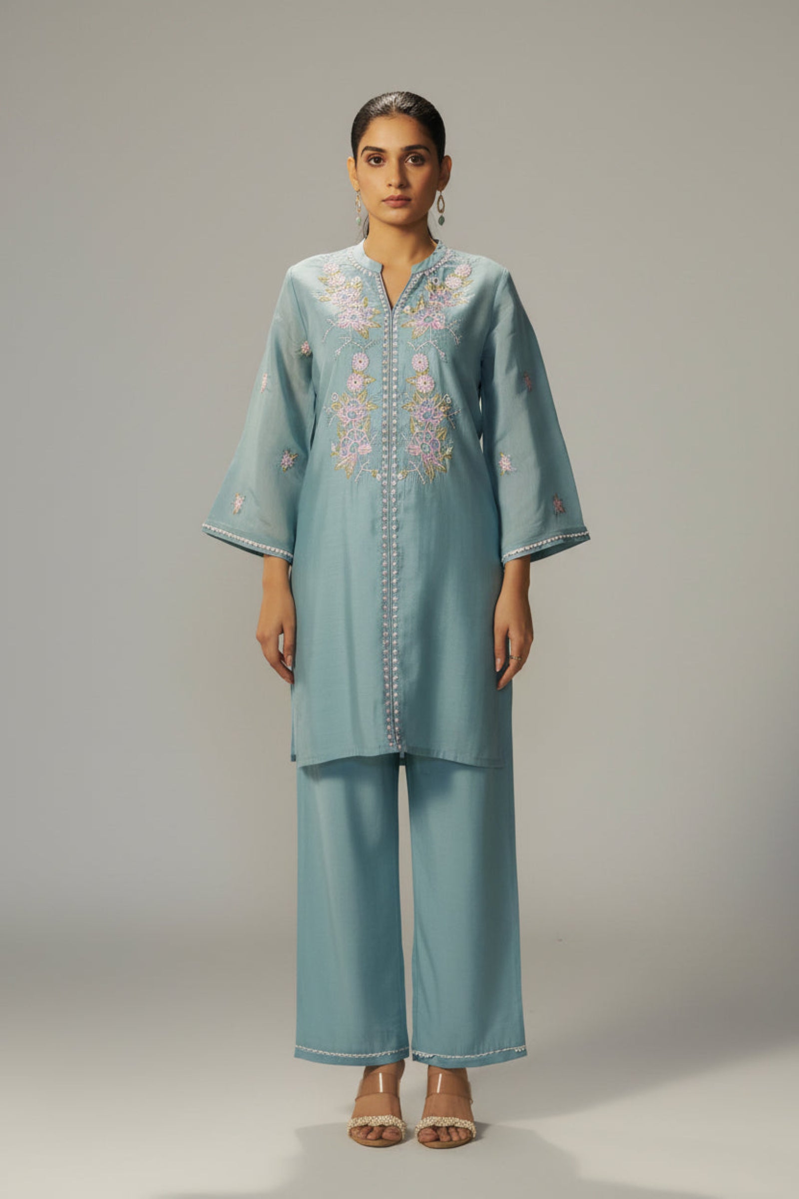 Dusty Teal Blue Mul Chanderi Embroidery Co-ord Set