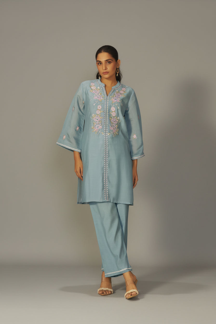 Dusty Teal Blue Mul Chanderi Embroidery Co-ord Set