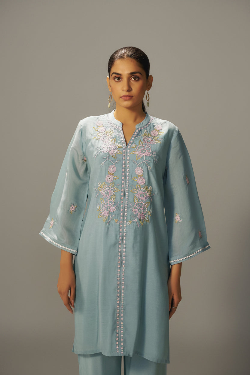 Dusty Teal Blue Mul Chanderi Embroidery Co-ord Set