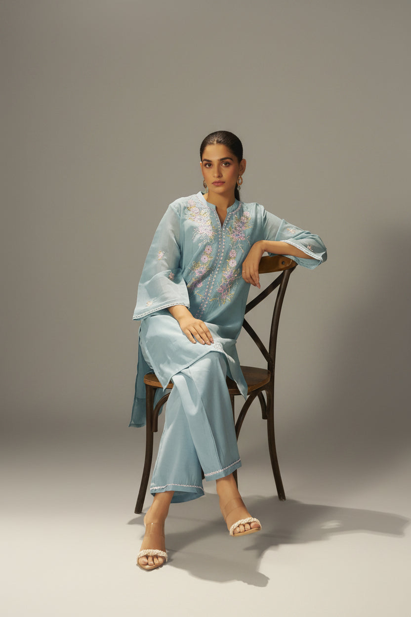 Dusty Teal Blue Mul Chanderi Embroidery Co-ord Set