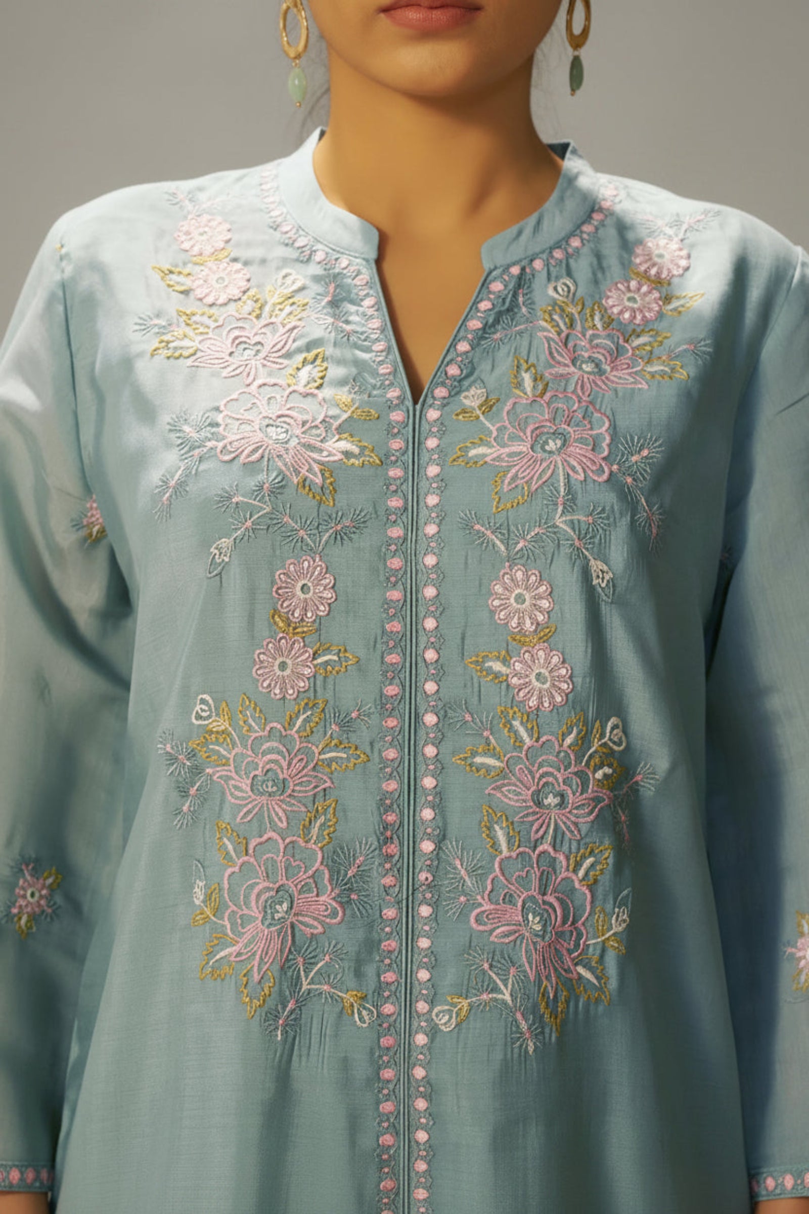 Dusty Teal Blue Mul Chanderi Embroidery Co-ord Set