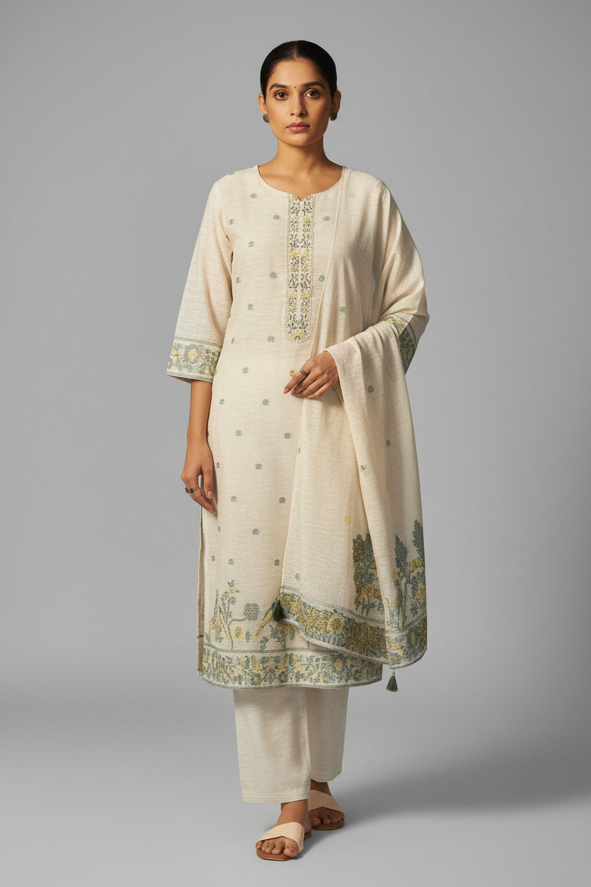 Wisp Beige Linen Chanderi Jacquard Kurta Set