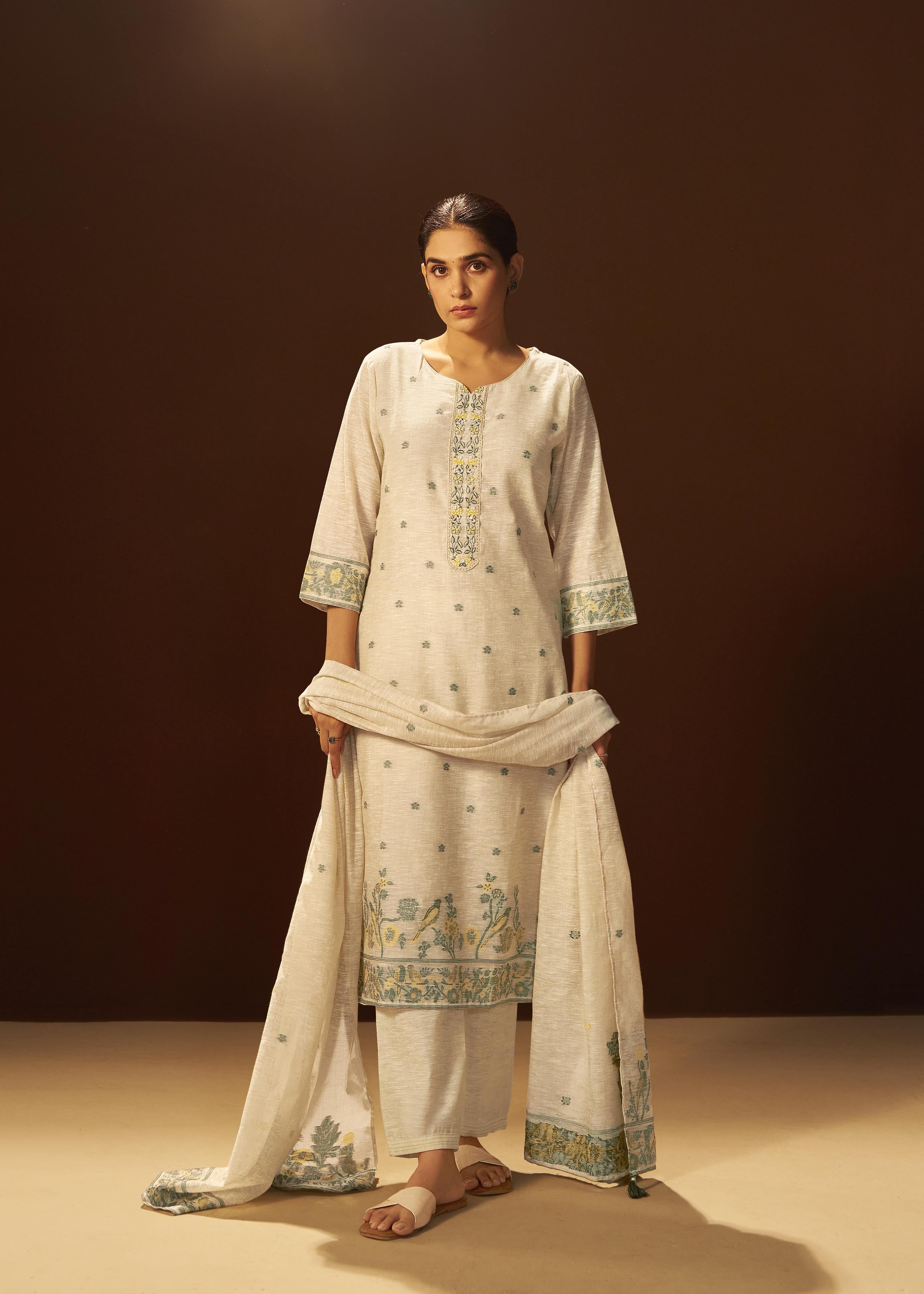 Wisp Beige Linen Chanderi Jacquard Kurta Set
