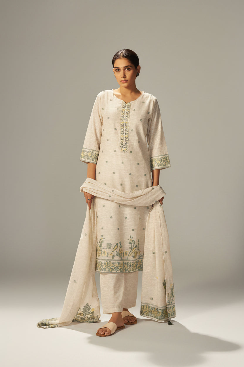 Wisp Beige Linen Chanderi Jacquard Kurta Set