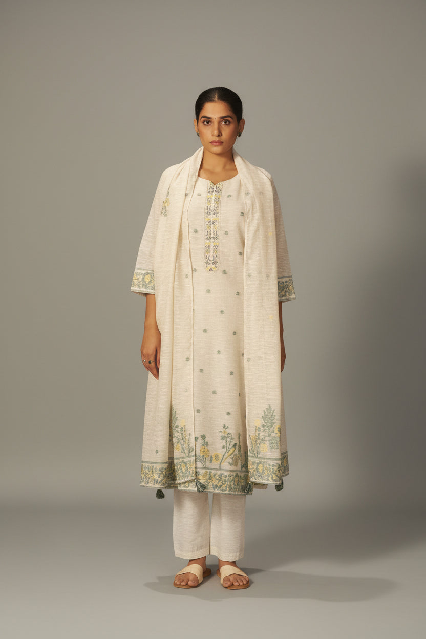 Wisp Beige Linen Chanderi Jacquard Kurta Set