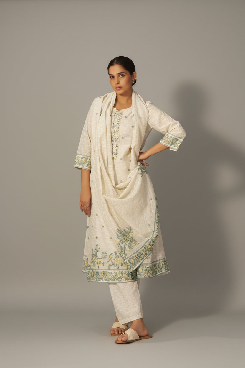 Wisp Beige Linen Chanderi Jacquard Kurta Set