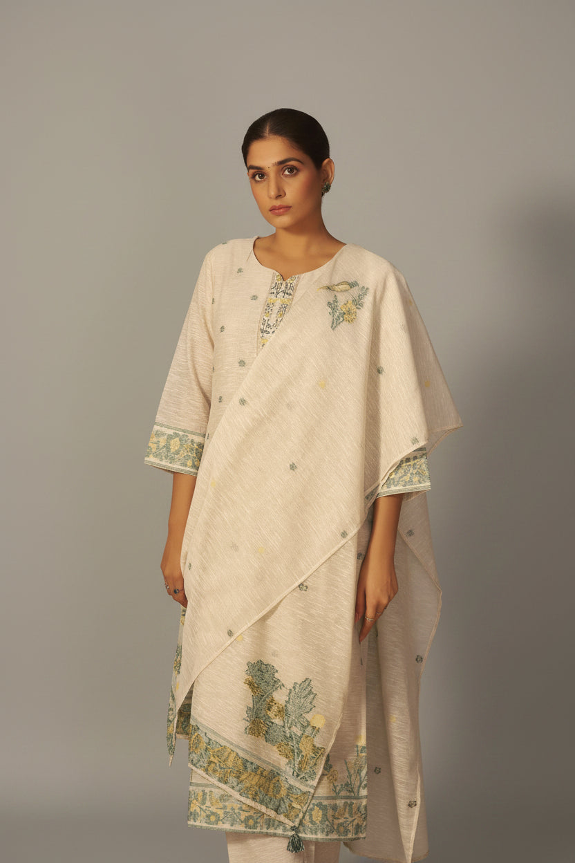 Wisp Beige Linen Chanderi Jacquard Kurta Set