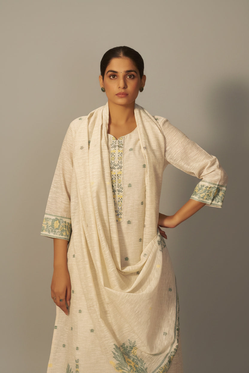Wisp Beige Linen Chanderi Jacquard Kurta Set