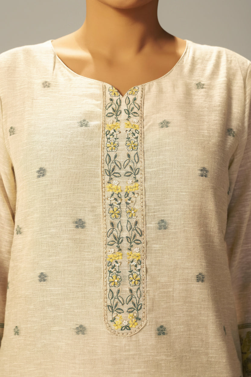 Wisp Beige Linen Chanderi Jacquard Kurta Set