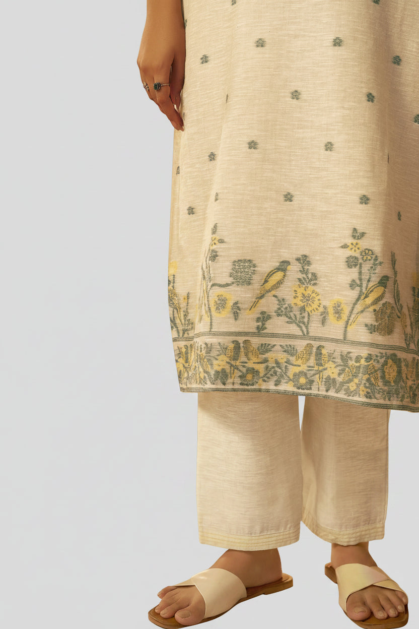 Wisp Beige Linen Chanderi Jacquard Kurta Set