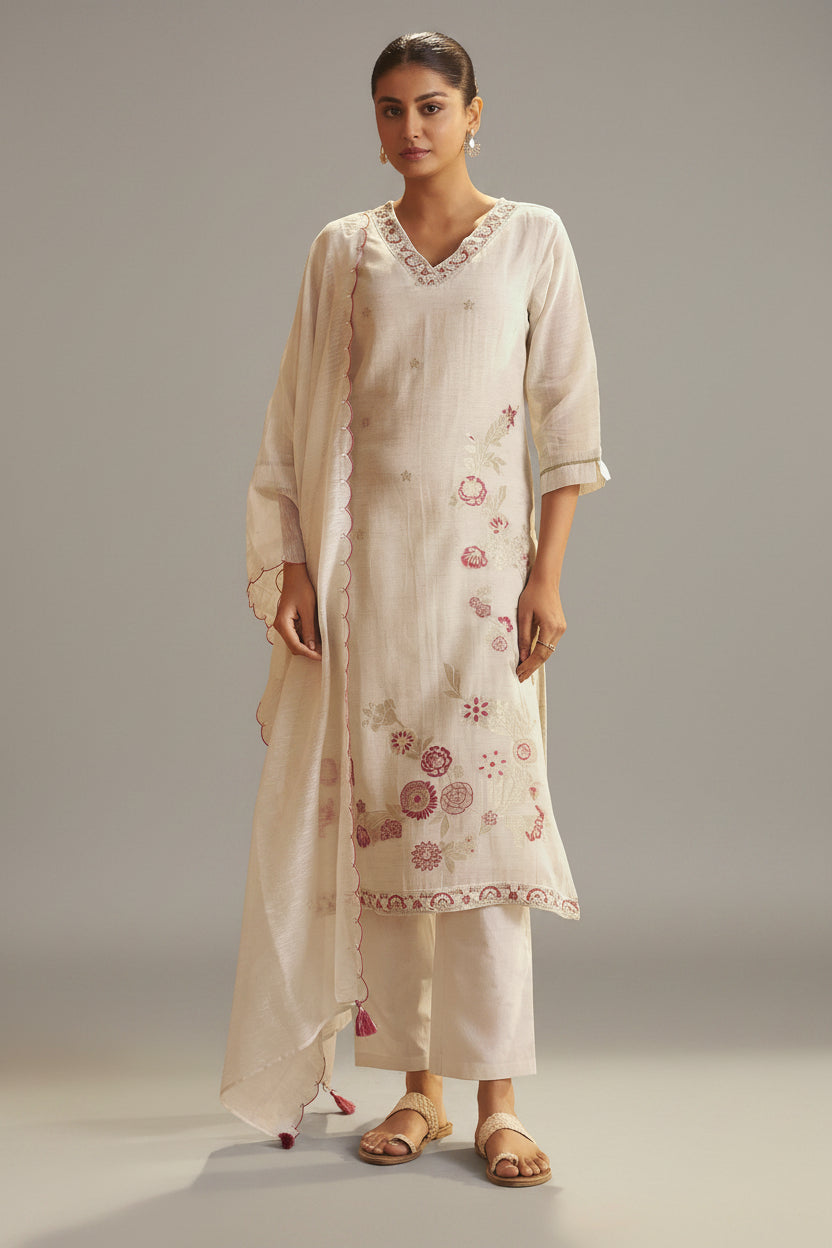 Pearl Cream Linen Cotton Jacquard Festive Kurta Set