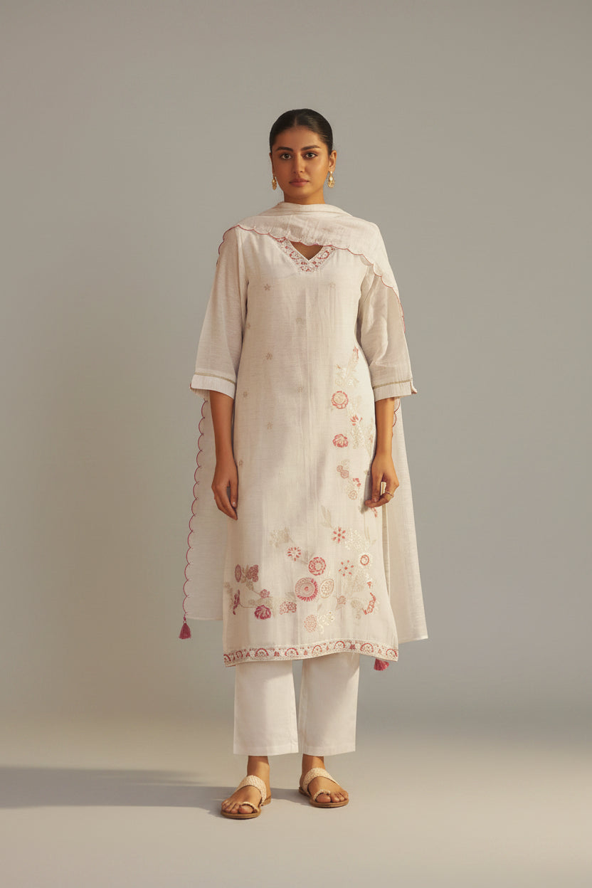 Pearl Cream Linen Cotton Jacquard Festive Kurta Set