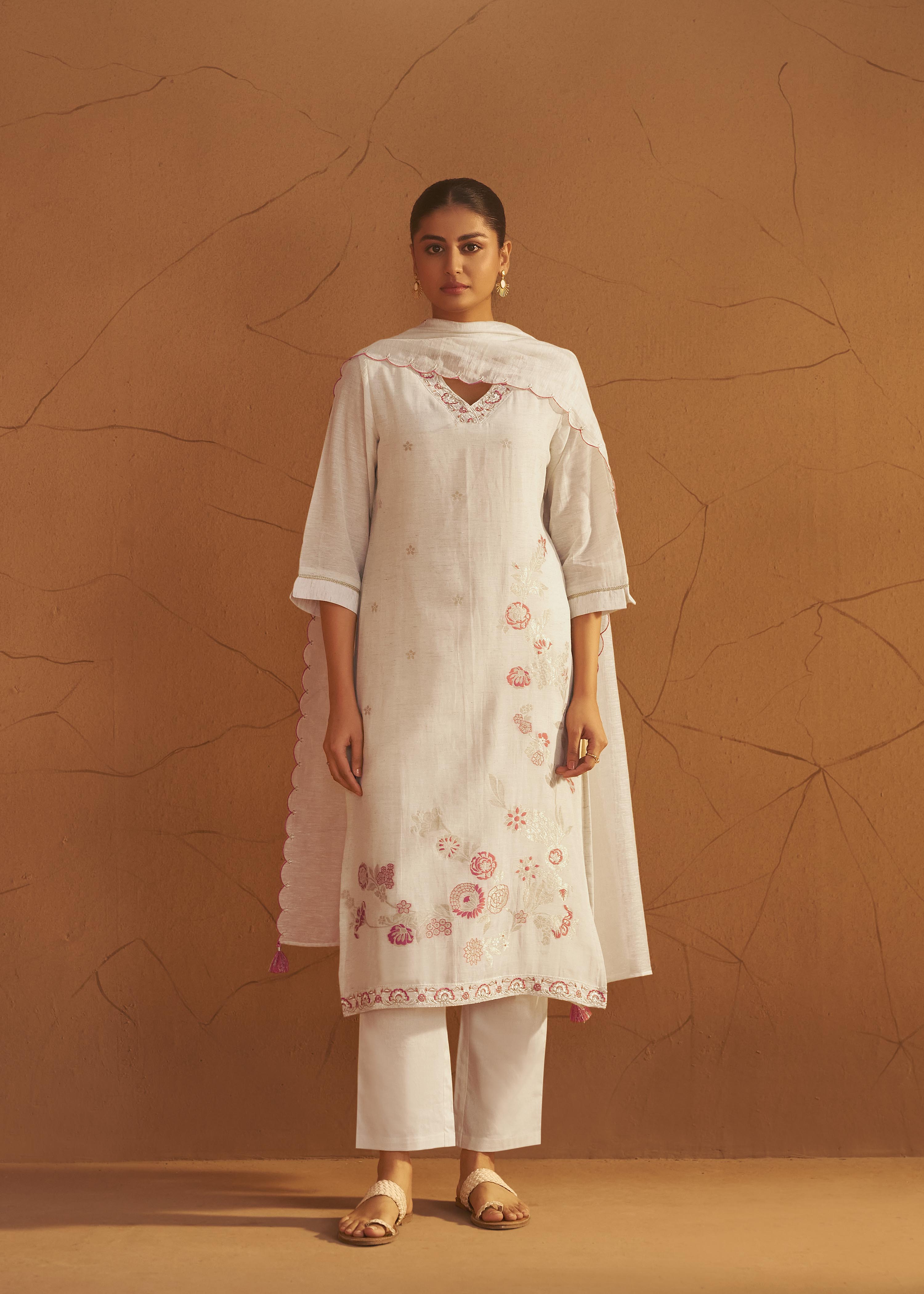 Pearl Cream Linen Cotton Jacquard Festive Kurta Set