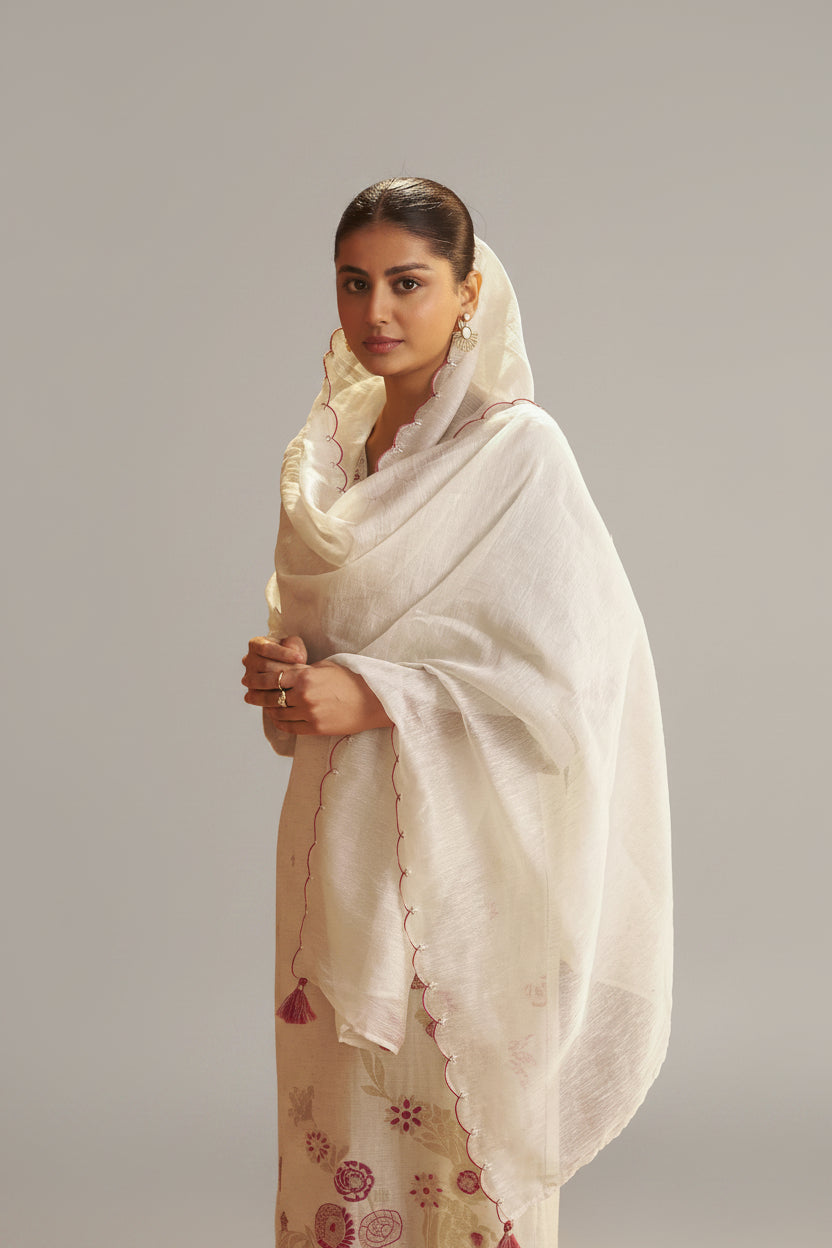 Pearl Cream Linen Cotton Jacquard Festive Kurta Set