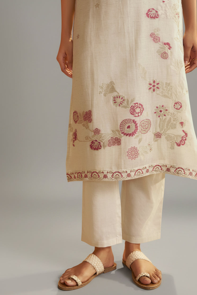 Pearl Cream Linen Cotton Jacquard Festive Kurta Set