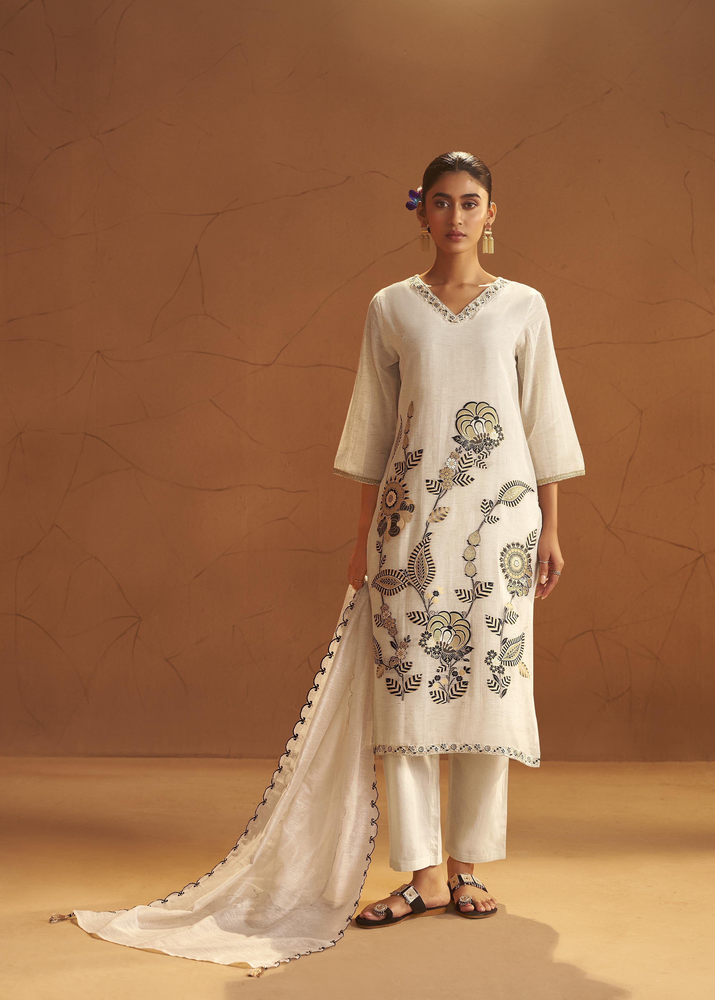 Natural Cream Linen Cotton Jacquard Festive Kurta Set