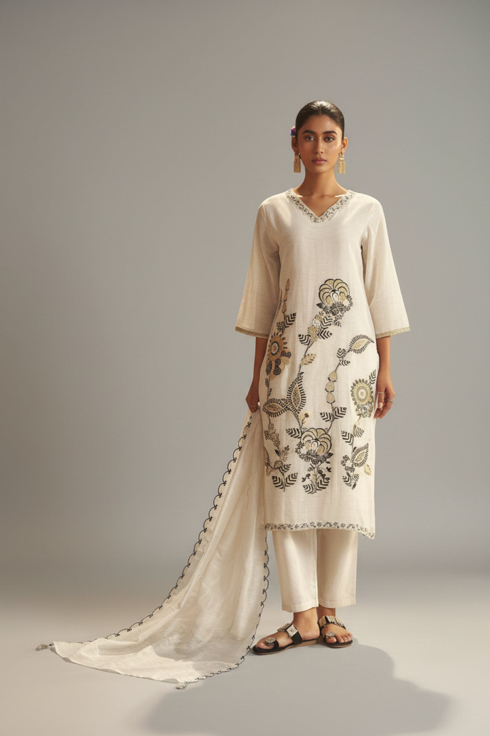 Natural Cream Linen Cotton Jacquard Festive Kurta Set