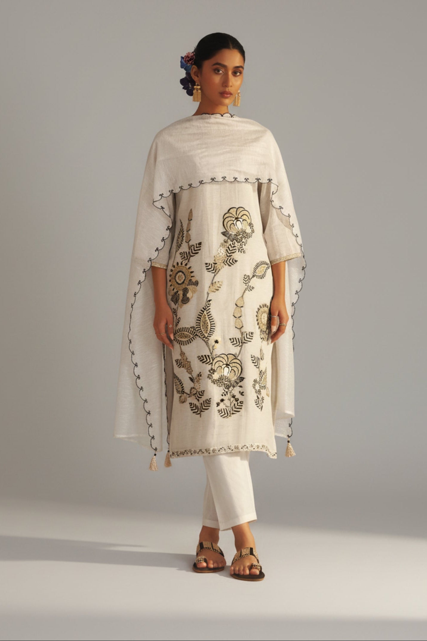 Natural Cream Linen Cotton Jacquard Festive Kurta Set