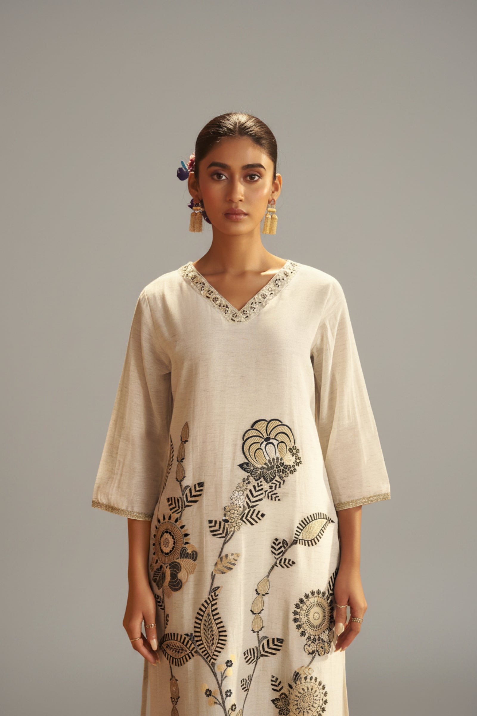 Natural Cream Linen Cotton Jacquard Festive Kurta Set