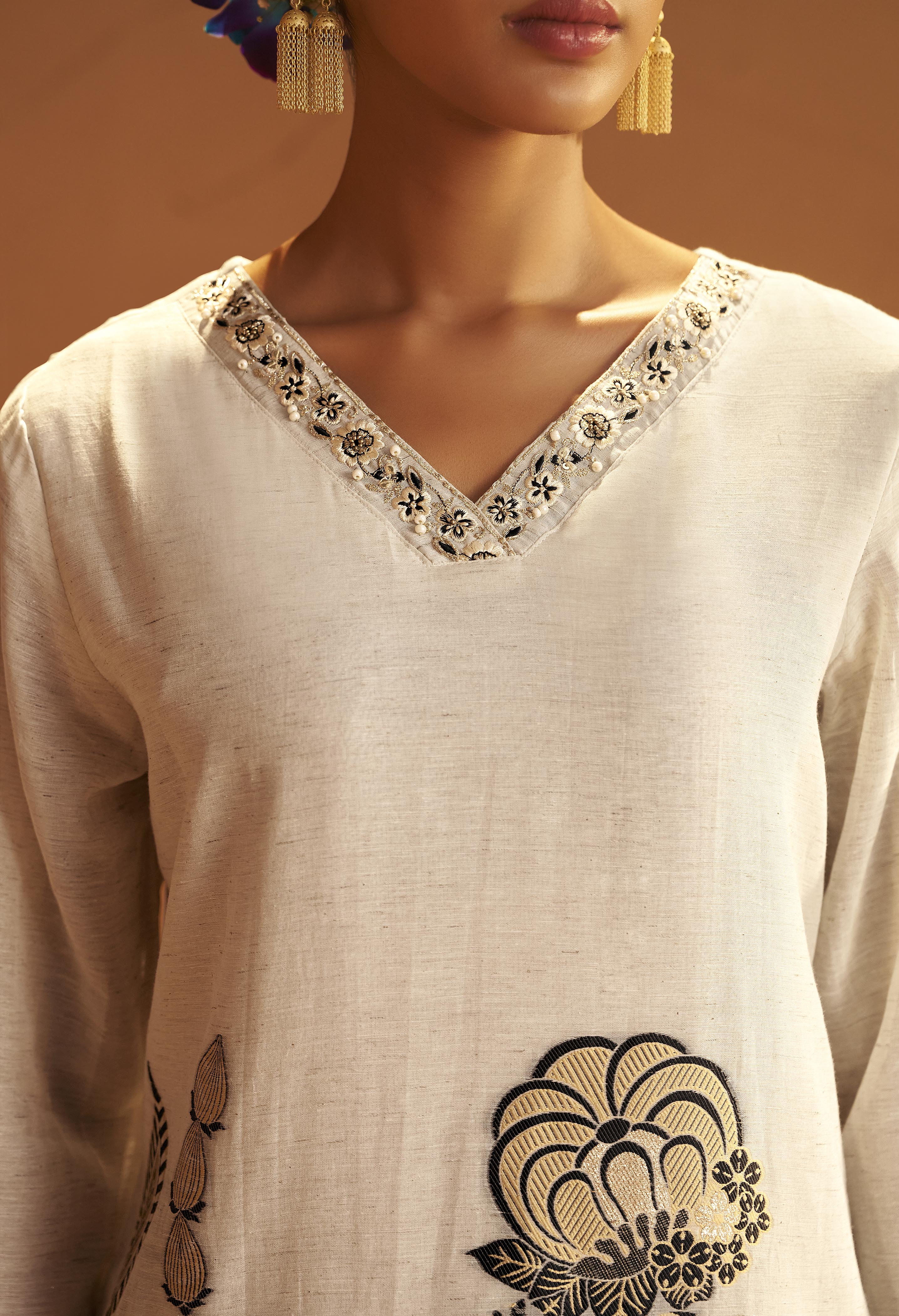 Natural Cream Linen Cotton Jacquard Festive Kurta Set