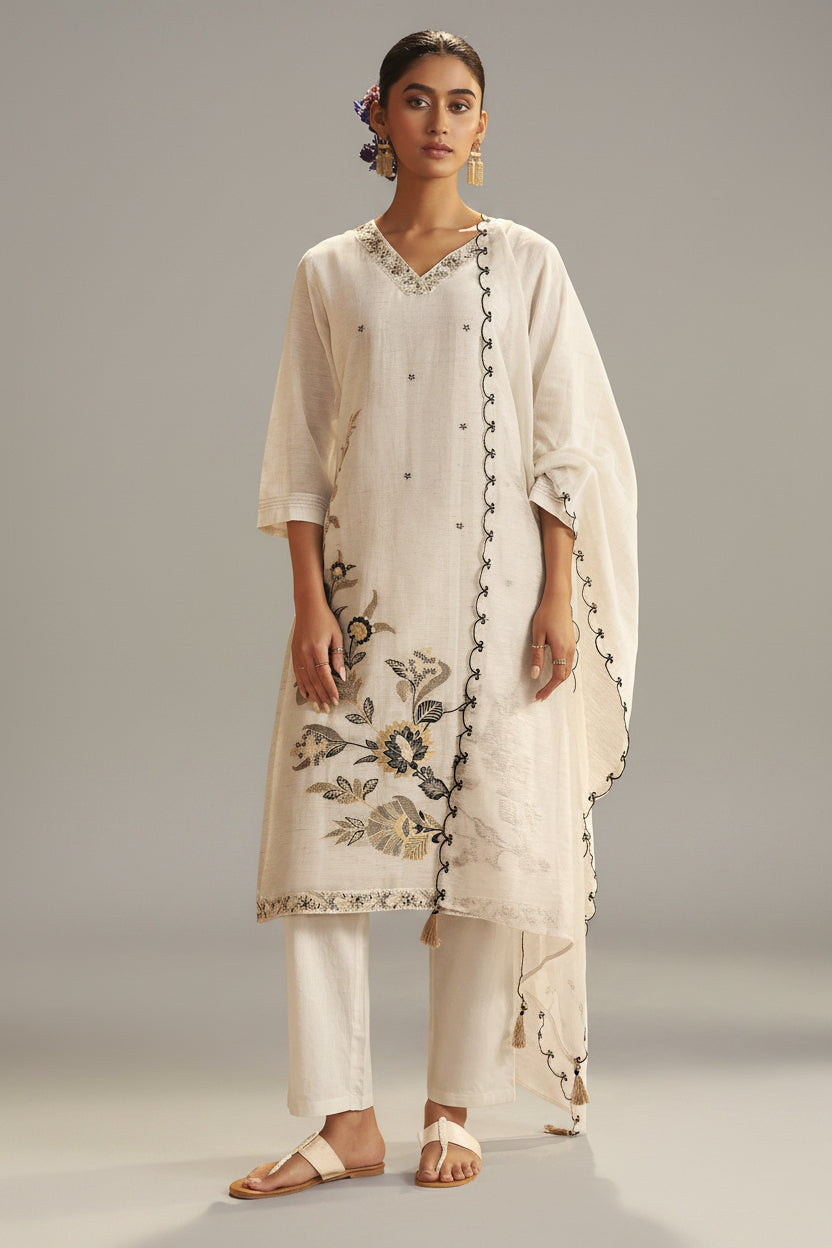 Soft Ecru Cream Linen Cotton Jacquard Festive Kurta Set