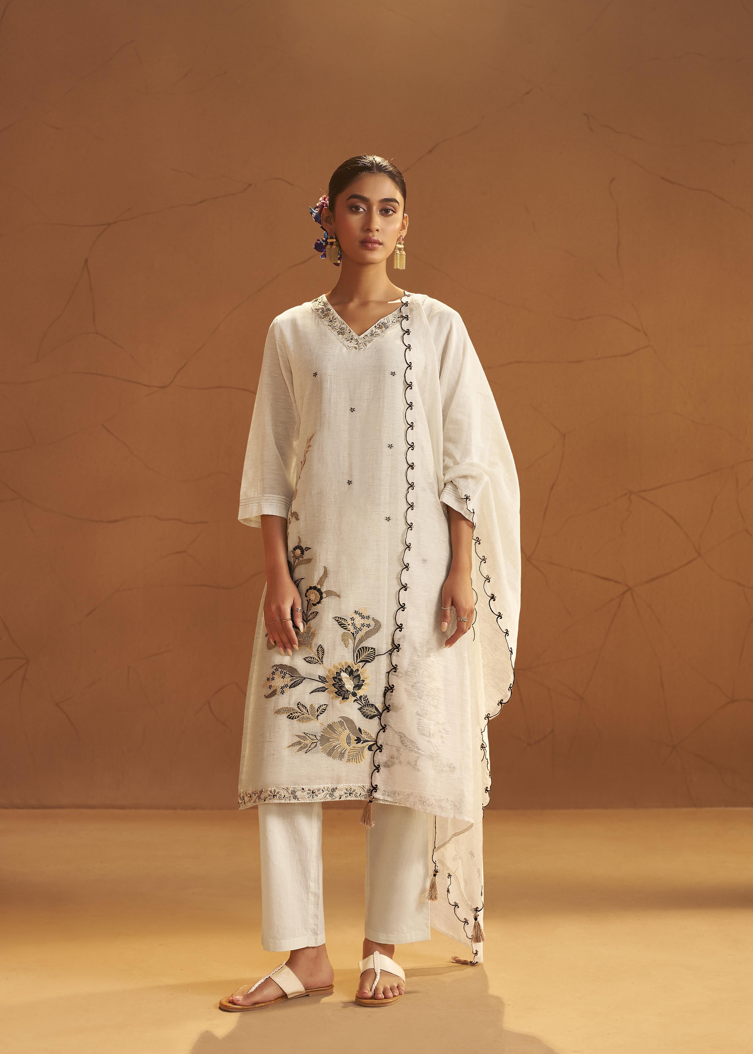 Soft Ecru Cream Linen Cotton Jacquard Festive Kurta Set