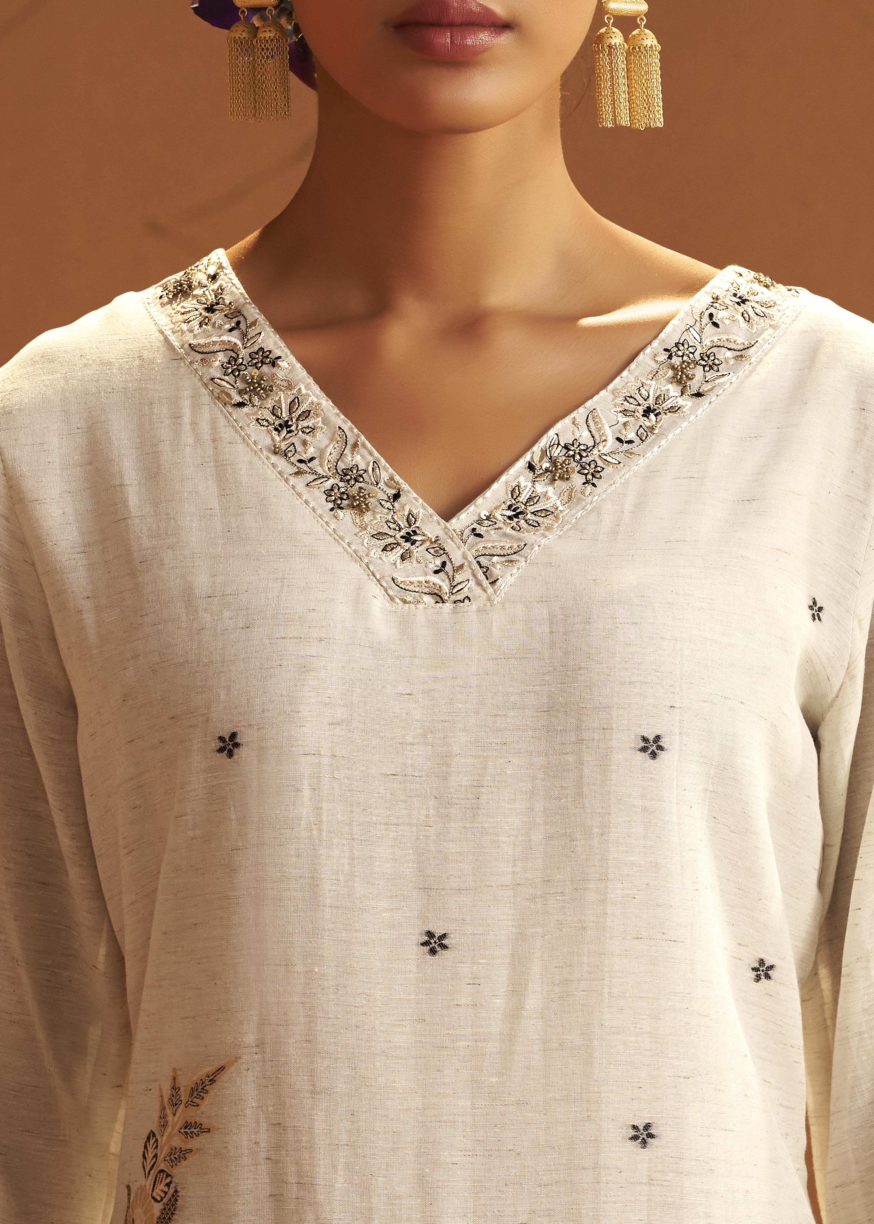 Soft Ecru Cream Linen Cotton Jacquard Festive Kurta Set