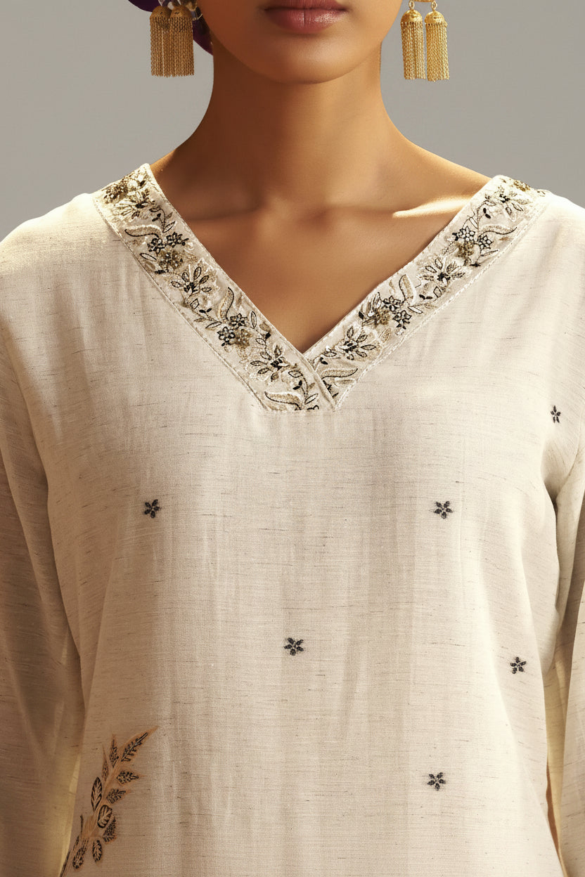 Soft Ecru Cream Linen Cotton Jacquard Festive Kurta Set
