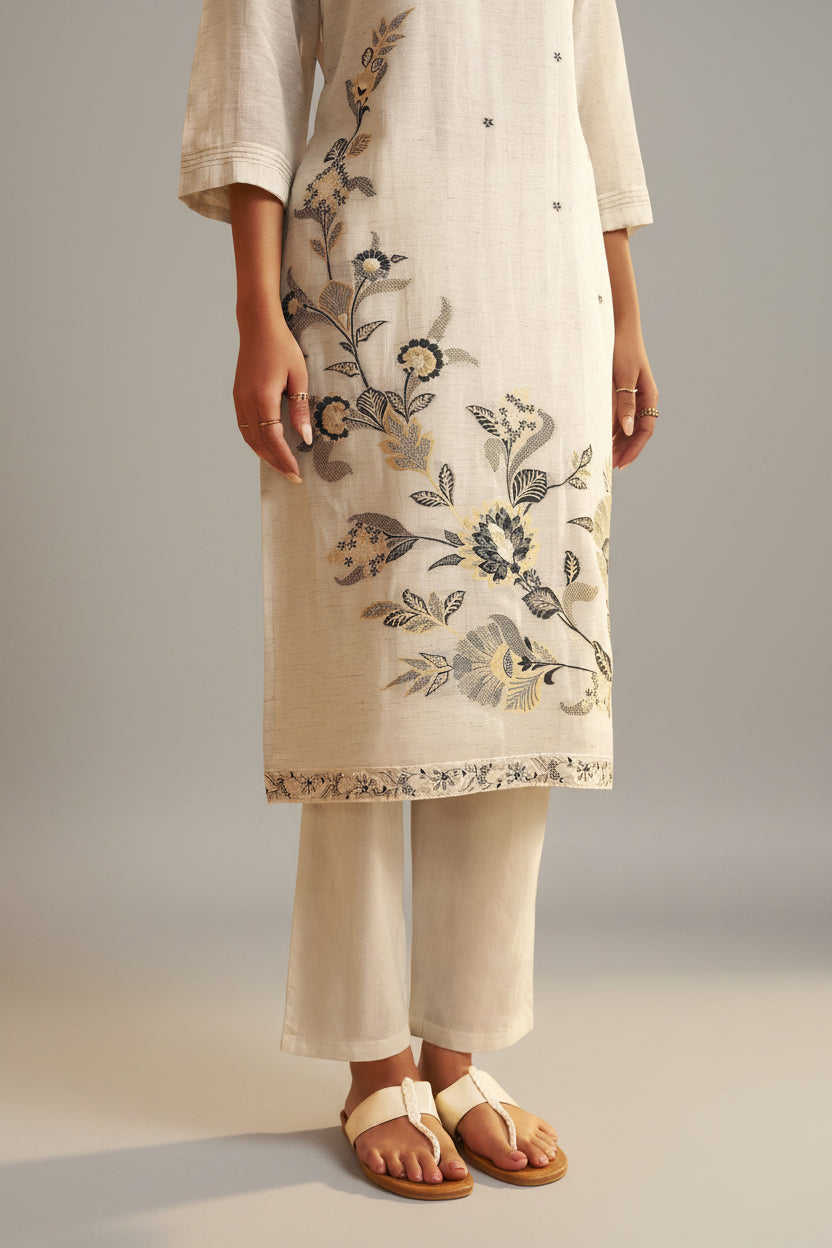 Soft Ecru Cream Linen Cotton Jacquard Festive Kurta Set